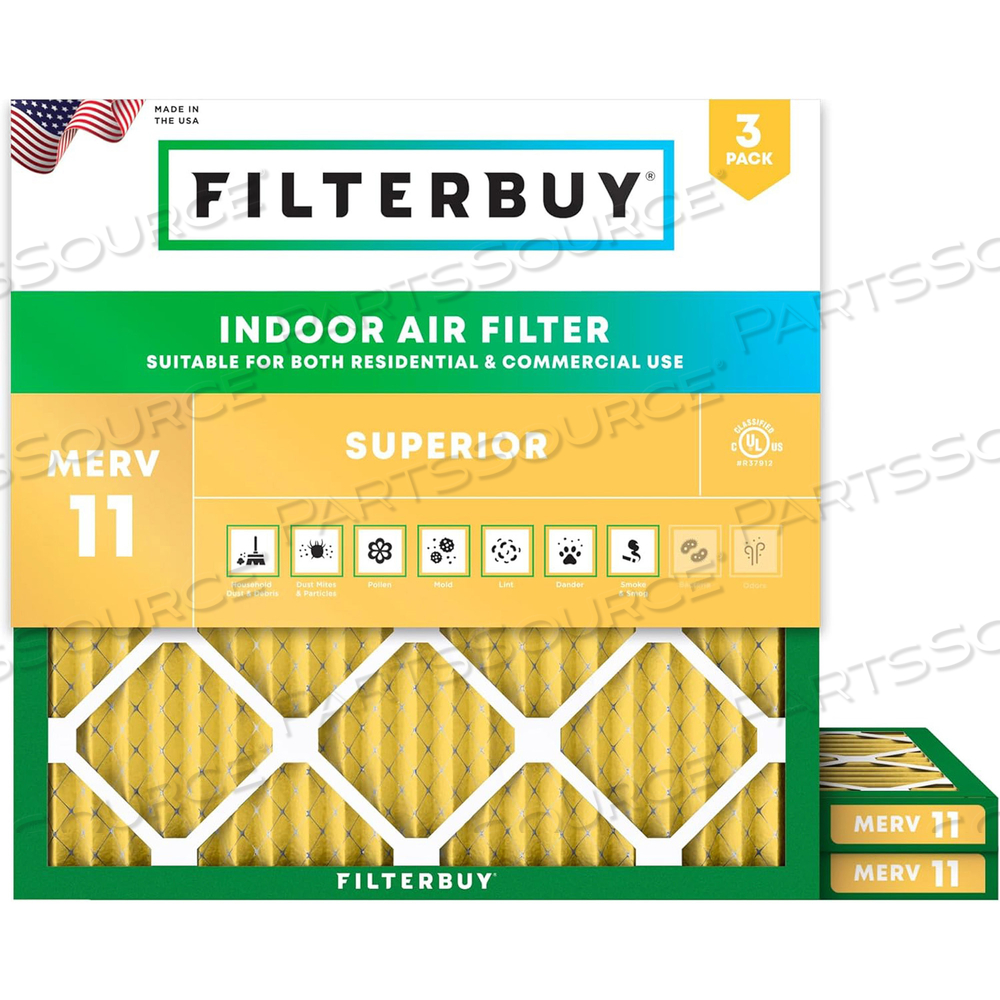 FILTERBUY 10X10X1 AIR FILTER MERV 11 ALLERGEN DEFENSE (3-PACK), PLEATED HVAC AC FURNACE AIR FILTERS REPLACEMENT (ACTUAL SIZE: 9.50 X 9.50 X 0.75 INCHES) 