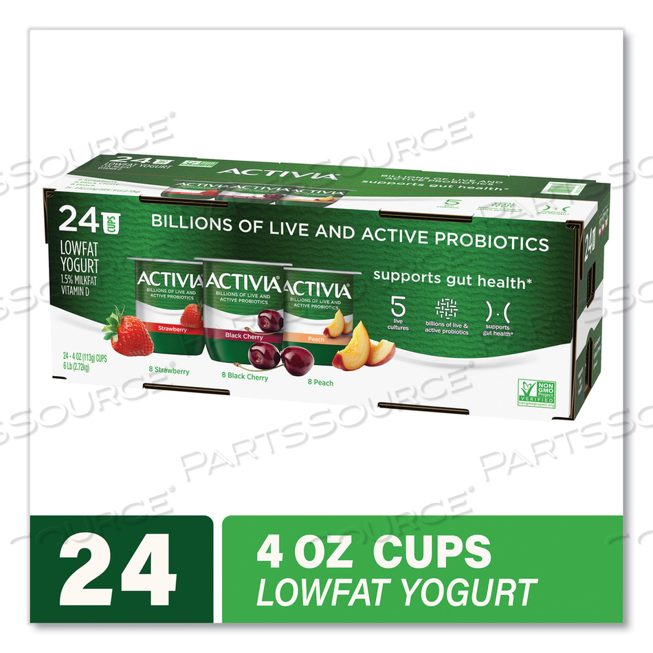 PROBIOTIC LOWFAT YOGURT, 4 OZ CUPS, BLACK CHERRY/PEACH/STRAWBERRY, 24/PACK 