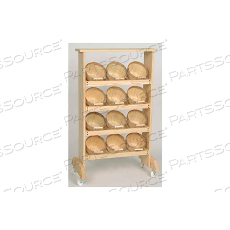 WOOD RACK 40"H X 24"W X 7-1/4"D WITH (12) 1/4 PECK BASKETS - NATURAL 