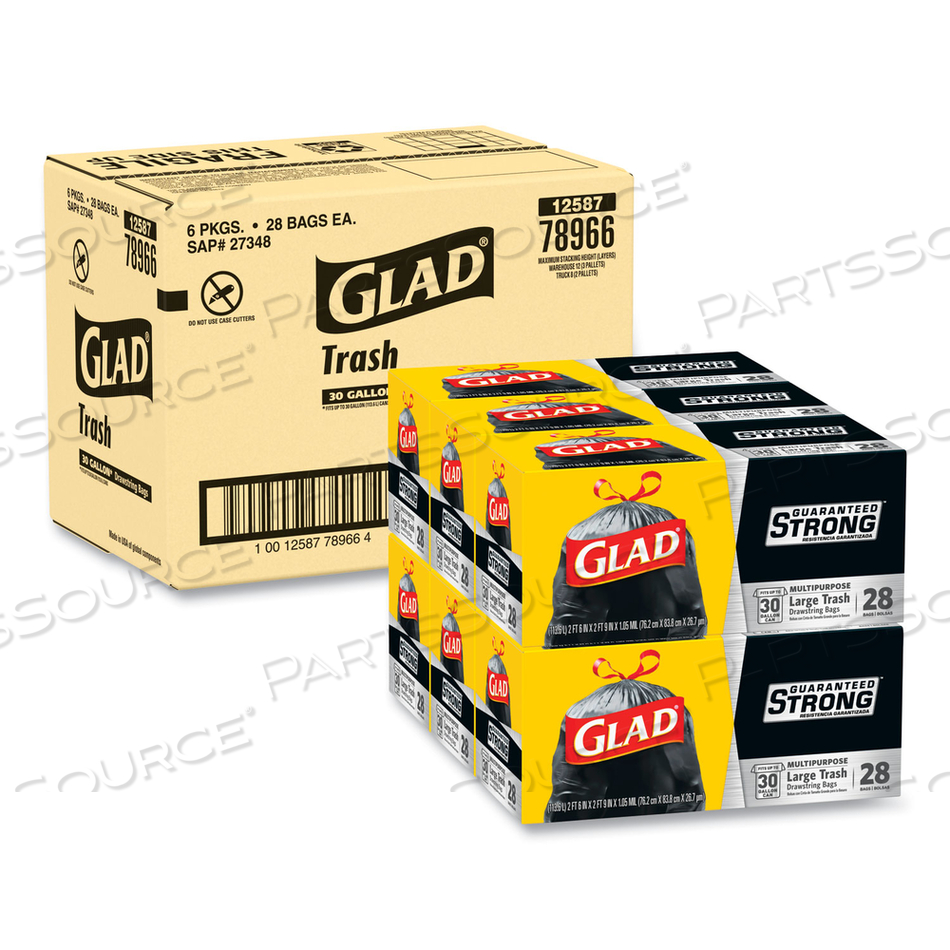 DRAWSTRING LARGE TRASH BAGS, 30 GAL, 1.05 MIL, 30" X 33", BLACK, 15 BAGS/BOX by Glad DRAWSTRING LARGE TRASH BAGS, 30 GAL, 1.05 MIL, 30" X 33", BLACK, 15 BAGS/BOX by Glad