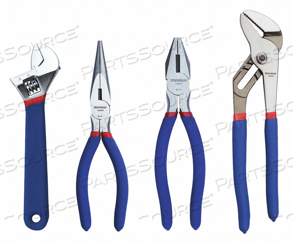 PLIER AND WRENCH SET, ESD-SAFE NO, INSULATED NO, NUMBER OF PLIERS 4, PLIER TYPES LINEMAN'S, LONG NOSE, TONGUE & GROOVE, PLIERS INCLUDED LINE by Westward