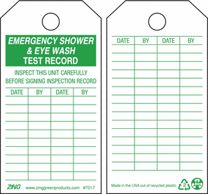 EMER SH  EYE WASH TEST RCD TAG PK10 by ZING Green Safety Products