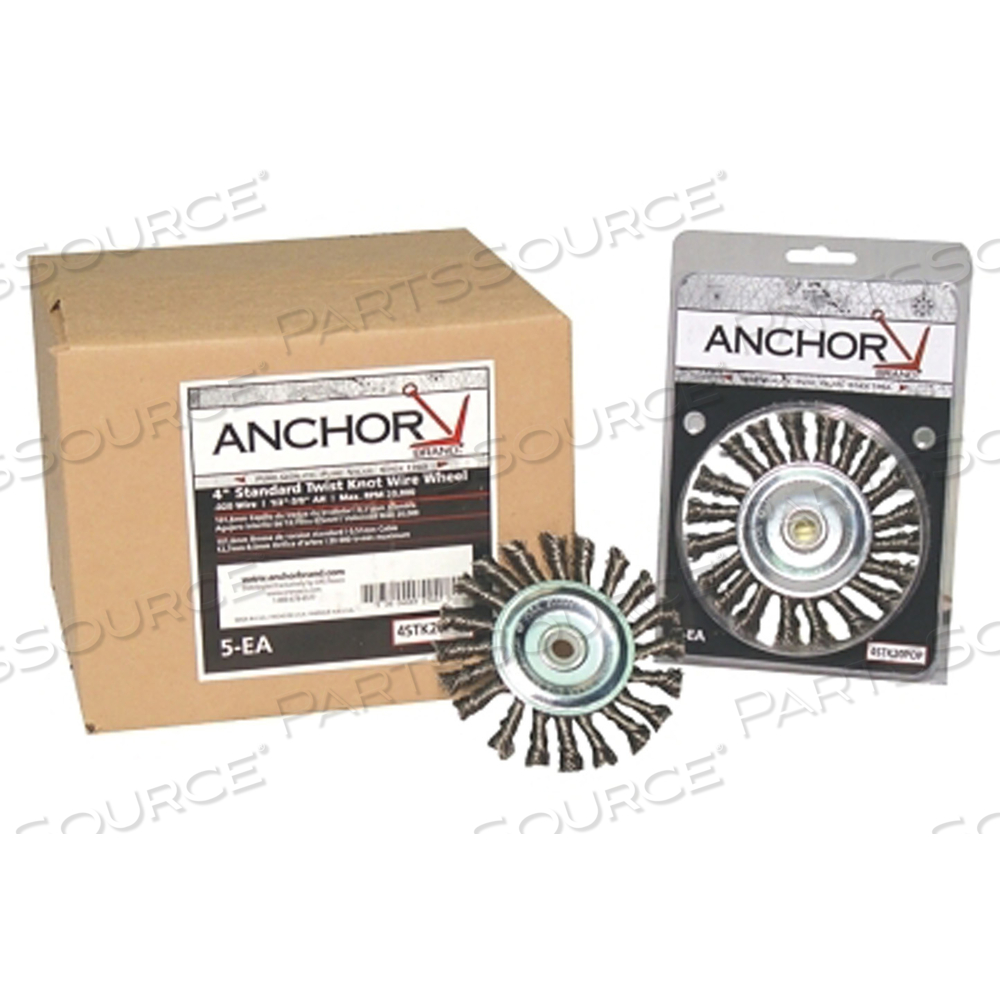 KNOT WHEEL BRUSHES, 4 IN D X 5/8 IN - 11, 1/2 IN FACE, 0.02 IN STAINLESS STEEL WIRE by Anchor