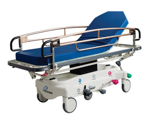 TRAUMA/TRANSPORT STRETCHER, WIDE, CENTER COLUMN HYDRAULIC HEIGHT ADJUSTMENT, STANDARD LITTER,  INSTANT STEER 6TH WHEEL STEERING, QUICK-RELEASE O2 HOLDER, 750 POUND CAPACITY. by Pedigo Products, Inc.