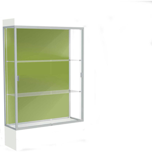 EDGE LIGHTED FLOOR CASE, PALE GREEN BACK, SATIN FRAME, 12" FROSTY WHITE BASE, 48"W X 76"H X 20"D by Waddell Display