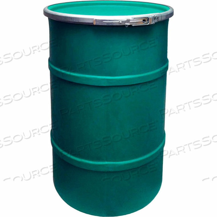 30 GALLON PLASTIC DRUM SS-OH-30 - OPEN HEAD WITH PLAIN LID - LEVER LOCK - GREEN 