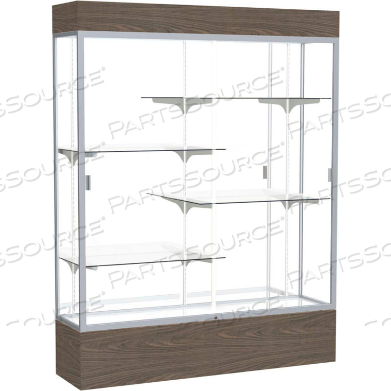 RELIANT LIGHTED DISPLAY CASE 60"W X 80"H X 16"D WALNUT BASE MIRROR BACK SATIN NATURAL FRAME by Waddell Display