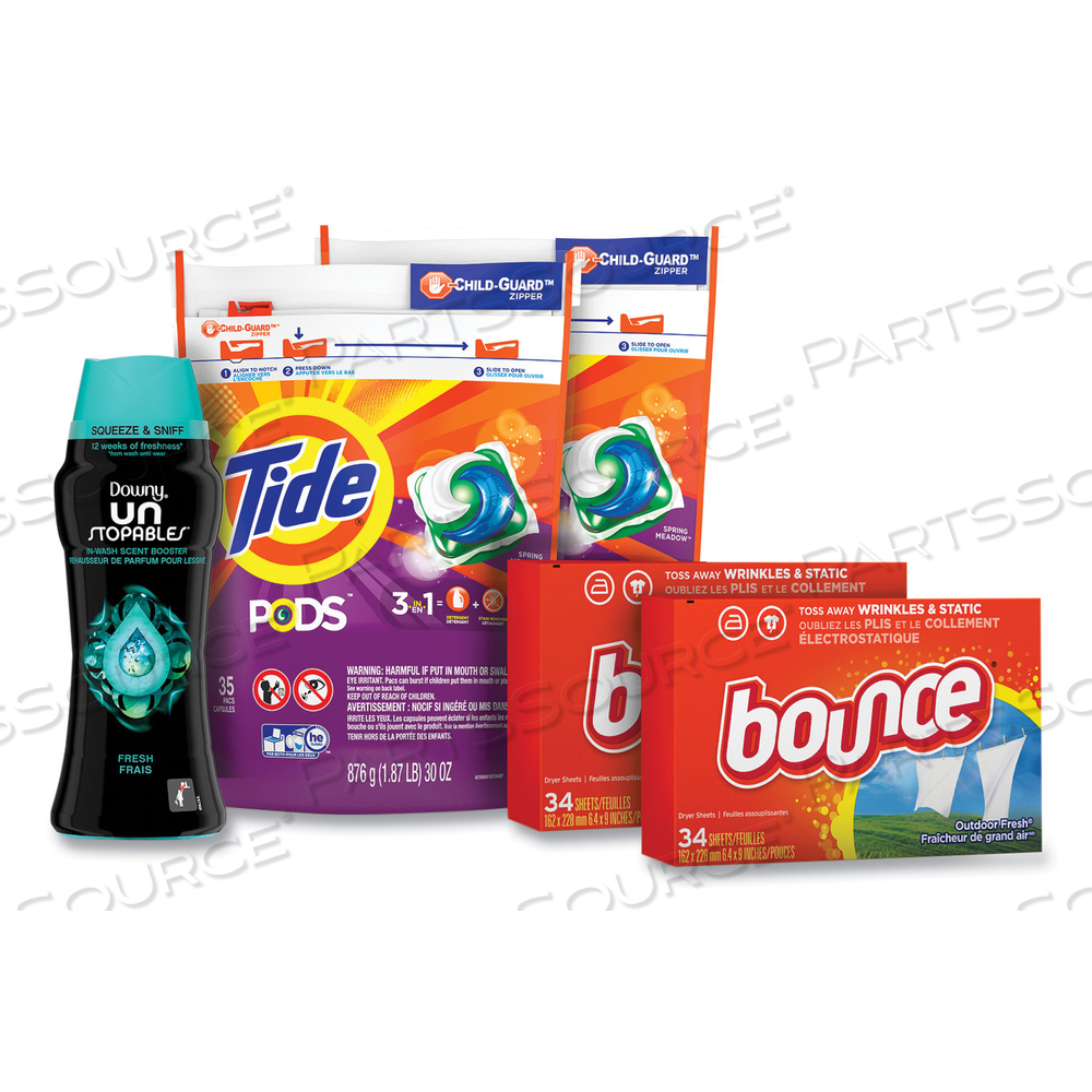 BETTER TOGETHER LAUNDRY CARE BUNDLE, (2) BAGS TIDE PODS, (2) BOXES BOUNCE DRYER SHEETS, (1) BOTTLE DOWNY UNSTOPABLES by Tide BETTER TOGETHER LAUNDRY CARE BUNDLE, (2) BAGS TIDE PODS, (2) BOXES BOUNCE DRYER SHEETS, (1) BOTTLE DOWNY UNSTOPABLES by Tide