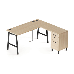 ESSENTIALS SINGLE-PEDESTAL L-SHAPED DESK WITH INTEGRATED POWER MANAGEMENT, 59.8" X 59.8 X 29.7", NATURAL WOOD/BLACK by Union & Scale