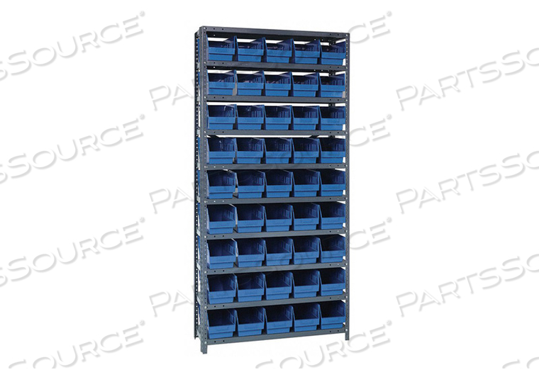 1875-204 STEEL SHELVING WITH 45 6"H SHELF BINS BLUE, 36X18X75-10 SHELVES by Quantum Storage Systems 1875-204 STEEL SHELVING WITH 45 6"H SHELF BINS BLUE, 36X18X75-10 SHELVES by Quantum Storage Systems