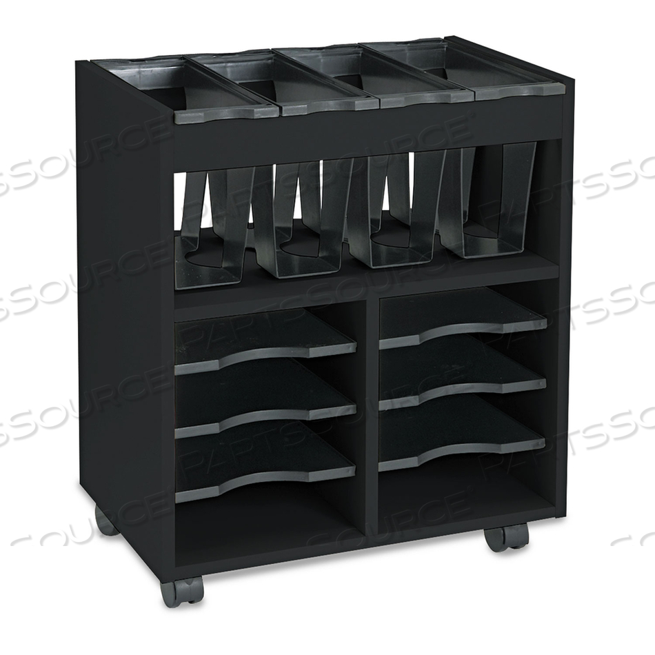 GO CART MOBILE FILE, ENGINEERED WOOD, 8 SHELVES, 4 BINS, 14.5" X 21.5" X 26.25", BLACK GO CART MOBILE FILE, ENGINEERED WOOD, 8 SHELVES, 4 BINS, 14.5" X 21.5" X 26.25", BLACK