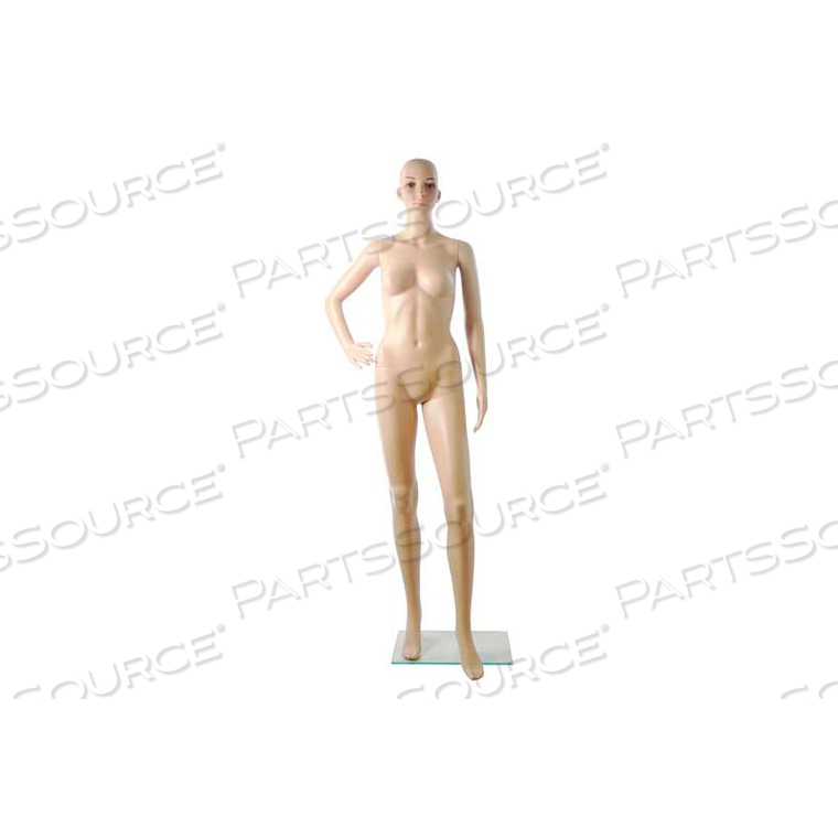 FEMALE MANNEQUIN - COMPLETE, RIGHT HAND ON HIP, LEFT LEG BENT - FLESH TONE by Amko Displays LLC FEMALE MANNEQUIN - COMPLETE, RIGHT HAND ON HIP, LEFT LEG BENT - FLESH TONE by Amko Displays LLC