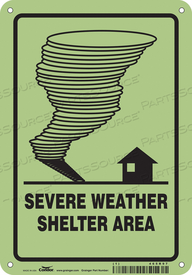 SAFETY SIGN, HORIZONTAL RECTANGLE, NUMBER OF PRINTED SIDES 1, ENGLISH, SIGN LEGEND SEVERE WEATHER SHELTER AREA, SIGN LEGEND BACKGROUND COLOR by Condor