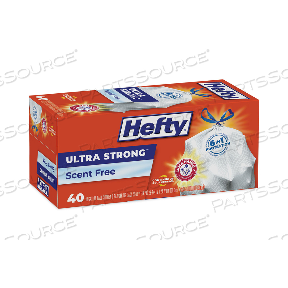 ULTRA STRONG TALL KITCHEN AND TRASH BAGS, 13 GAL, 0.9 MIL, 23.75" X 24.88", WHITE, 40 BAGS/BOX by Hefty
