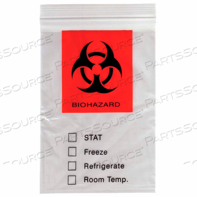 RECLOSABLE BIOHAZARD SPECIMEN BAGS, 3-PLY, 2 MIL, 6" X 9", CLEAR, 1000 PER CASE by Laddawn Products Co