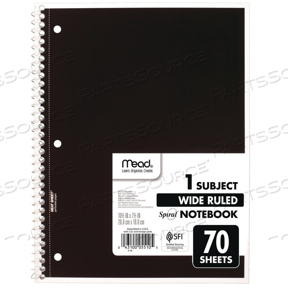 SPIRAL NOTEBOOK, 1-SUBJECT, WIDE/LEGAL RULE, RANDOMLY ASSORTED COVER COLOR, (70) 8 X 10.5 SHEETS by Mead SPIRAL NOTEBOOK, 1-SUBJECT, WIDE/LEGAL RULE, RANDOMLY ASSORTED COVER COLOR, (70) 8 X 10.5 SHEETS by Mead