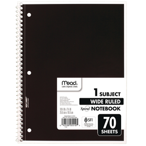 SPIRAL NOTEBOOK, 1-SUBJECT, WIDE/LEGAL RULE, RANDOMLY ASSORTED COVER COLOR, (70) 8 X 10.5 SHEETS, 4/PACK by Mead SPIRAL NOTEBOOK, 1-SUBJECT, WIDE/LEGAL RULE, RANDOMLY ASSORTED COVER COLOR, (70) 8 X 10.5 SHEETS, 4/PACK by Mead