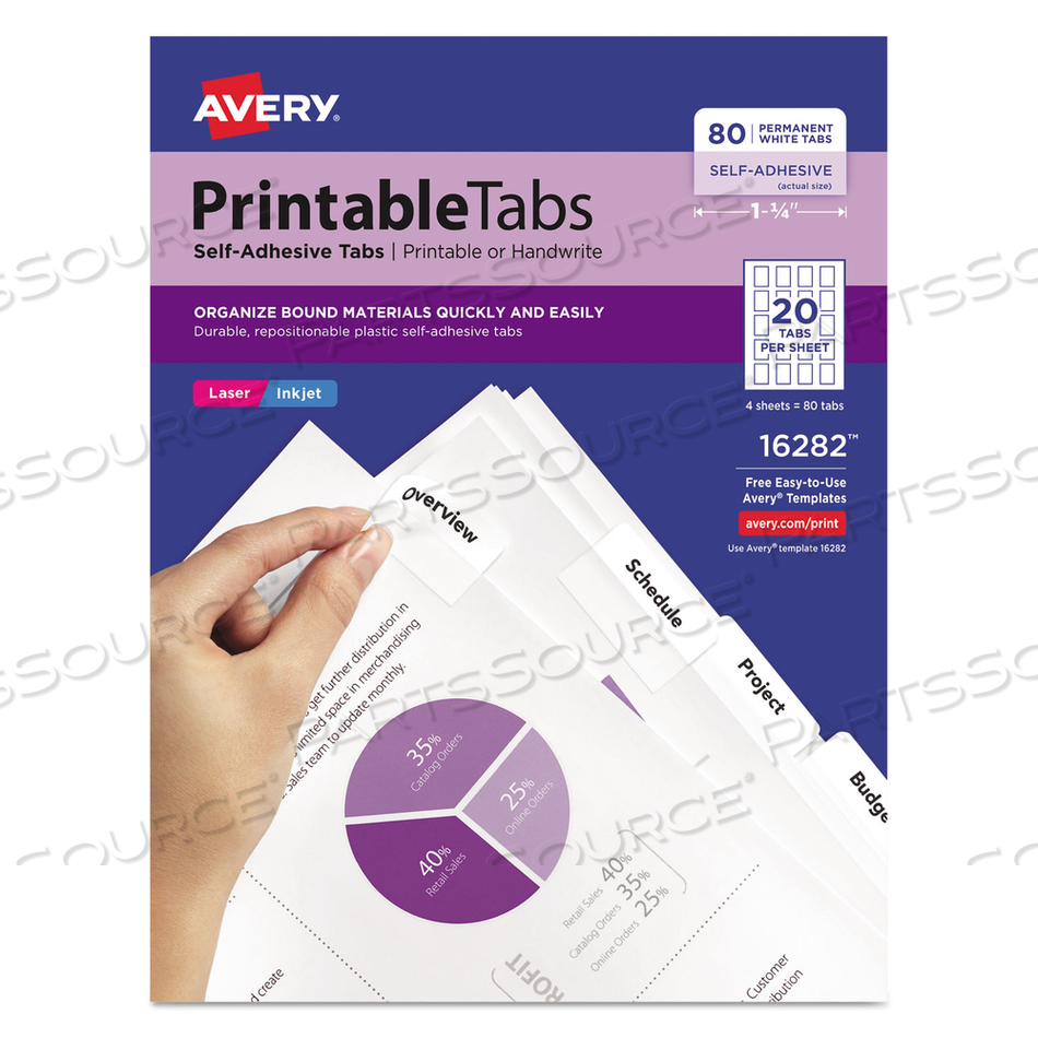 PRINTABLE PLASTIC TABS WITH REPOSITIONABLE ADHESIVE, 1/5-CUT, WHITE, 1.75" WIDE by Avery PRINTABLE PLASTIC TABS WITH REPOSITIONABLE ADHESIVE, 1/5-CUT, WHITE, 1.75" WIDE by Avery