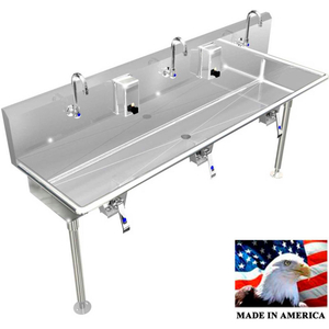 STAINLESS STEEL SINK, 3 STATION W/KNEE VALVE OPERATED, STRAIGHT LEGS 72"L X 20"W X 8"D by Best Sheet Metal, Inc.