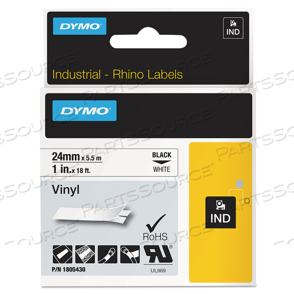 RHINO PERMANENT VINYL INDUSTRIAL LABEL TAPE, 1" X 18 FT, WHITE/BLACK PRINT by Dymo RHINO PERMANENT VINYL INDUSTRIAL LABEL TAPE, 1" X 18 FT, WHITE/BLACK PRINT by Dymo
