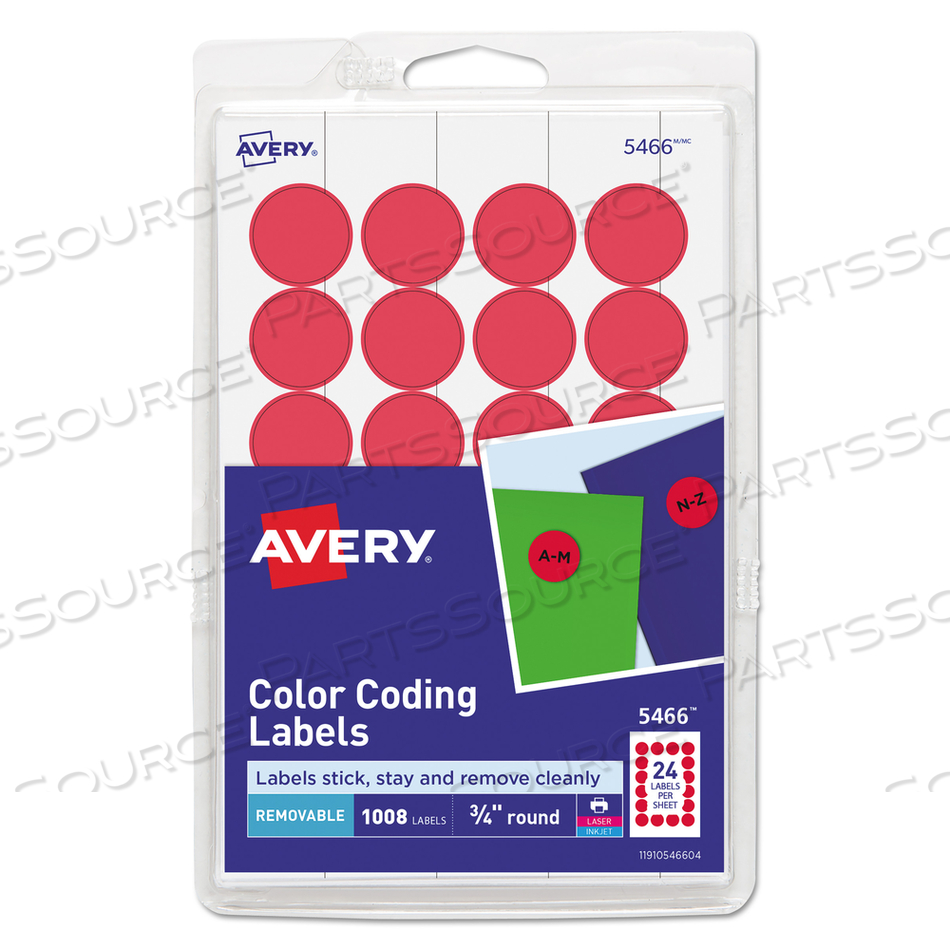 PRINTABLE SELF-ADHESIVE REMOVABLE COLOR-CODING LABELS, 0.75" DIA, RED, 24/SHEET, 42 SHEETS/PACK, (5466) PRINTABLE SELF-ADHESIVE REMOVABLE COLOR-CODING LABELS, 0.75" DIA, RED, 24/SHEET, 42 SHEETS/PACK, (5466)
