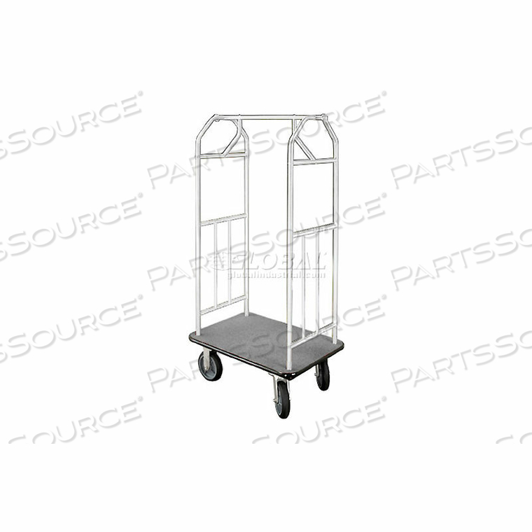 BELLMAN HOTEL CART 41X24 SATIN ALUMINUM WITH GRAY CARPET & RUBBER WHEELS by Glaro Products Inc