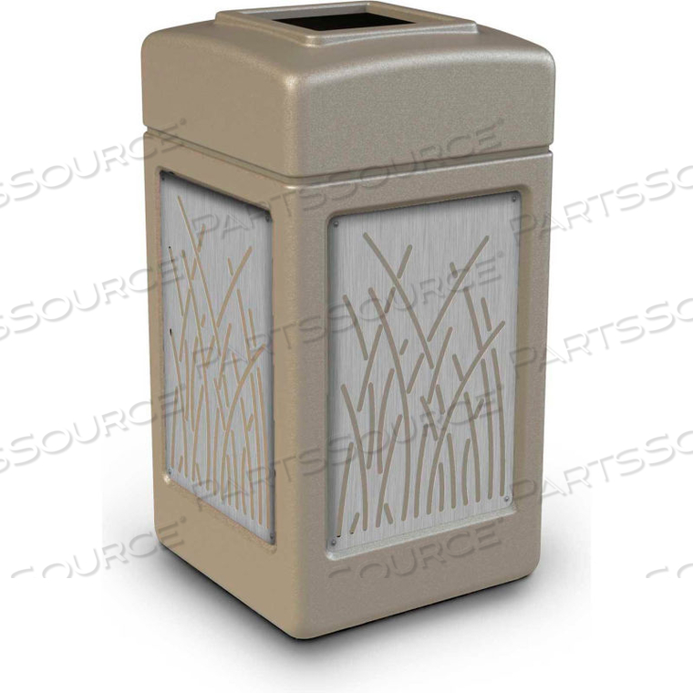 42 GALLON OPEN-TOP SQUARE WASTE CONTAINER, BEIGE W/STAINLESS STEEL REEDS PANELS by Dci Marketing