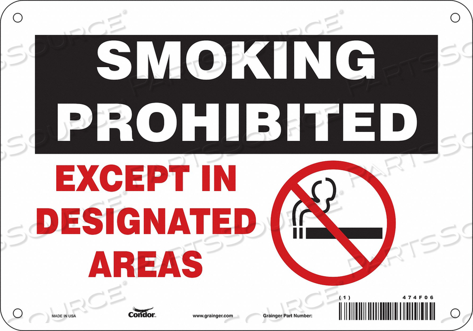 SAFETY SIGN, VERTICAL RECTANGLE, NUMBER OF PRINTED SIDES 1, ENGLISH, SIGN FORMAT OTHER FORMAT, SIGN LEGEND SMOKING PROHIBITED EXCEPT IN DESI by Condor SAFETY SIGN, VERTICAL RECTANGLE, NUMBER OF PRINTED SIDES 1, ENGLISH, SIGN FORMAT OTHER FORMAT, SIGN LEGEND SMOKING PROHIBITED EXCEPT IN DESI by Condor