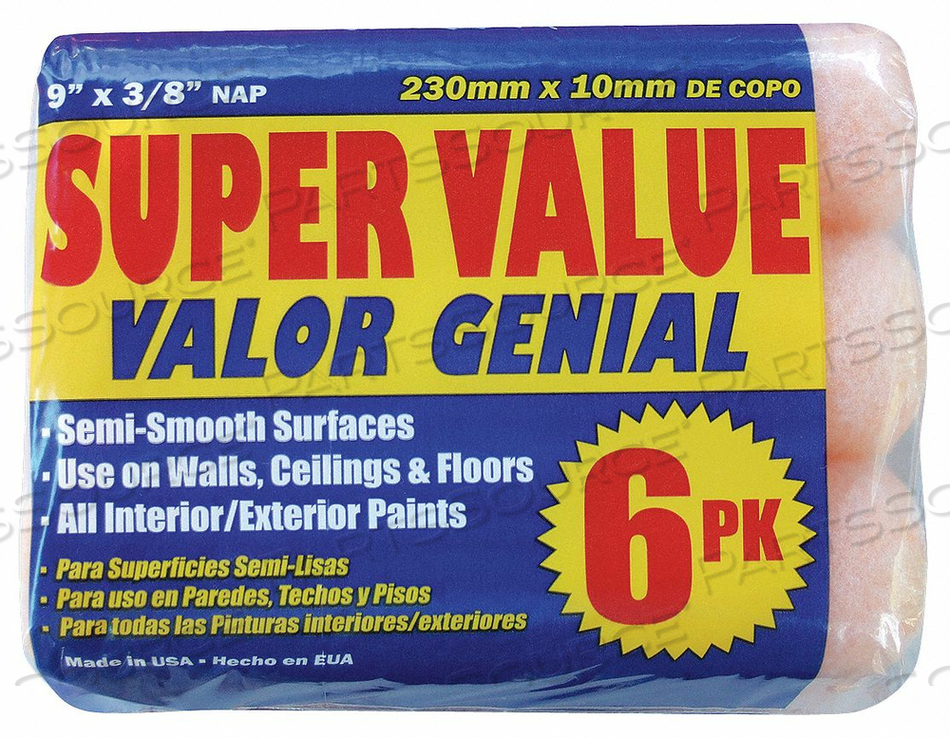 PAINT ROLLER COVER, COVER TYPE STANDARD, SURFACE TEXTURE SEMI-SMOOTH, COMPATIBLE ROLLER FRAME STYLE CAGE, 9 IN OVERALL LENGTH, 3/8 IN NAP SI by Premier