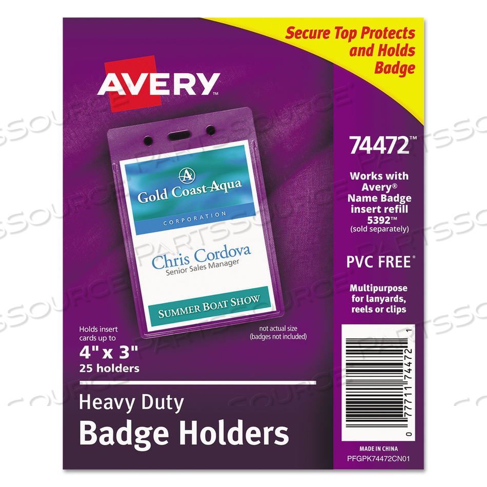 SECURE TOP HEAVY-DUTY BADGE HOLDERS, VERTICAL, 3W X 4H, CLEAR by Avery