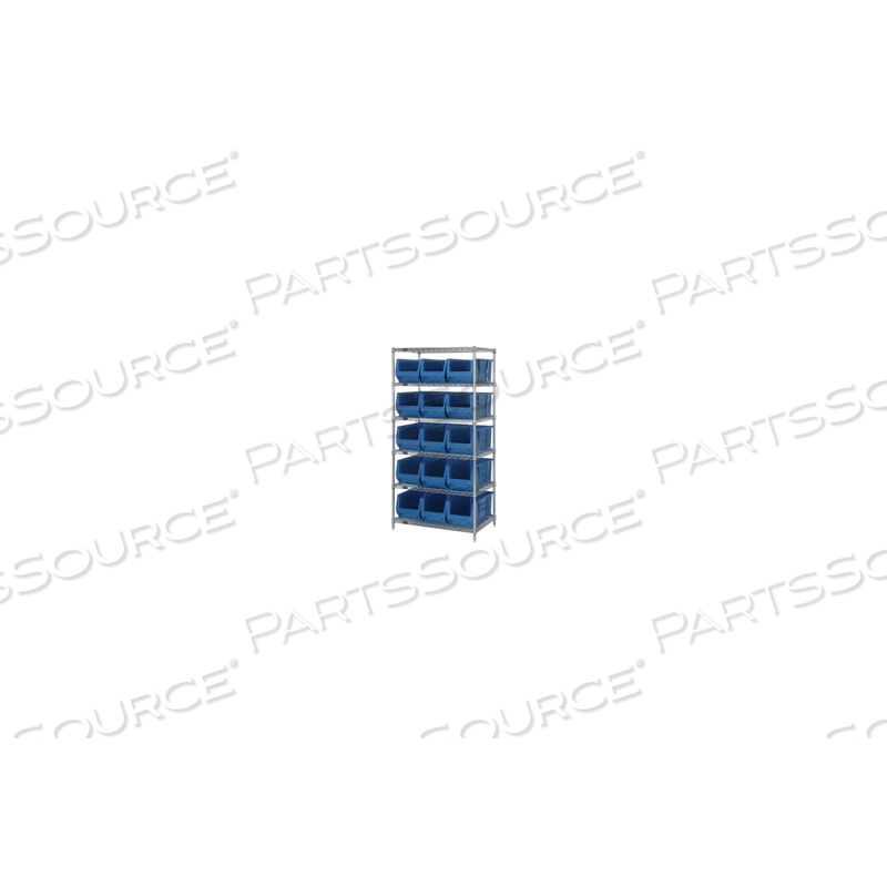 WR6-953 CHROME WIRE SHELVING WITH 15 24"D BINS BLUE, 36X24X74 by Quantum Storage Systems WR6-953 CHROME WIRE SHELVING WITH 15 24"D BINS BLUE, 36X24X74 by Quantum Storage Systems