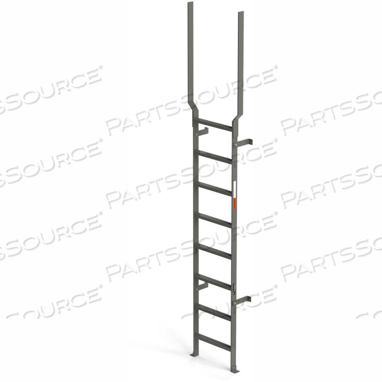 STEEL VERTICAL WALL MOUNT LADDER W/ RAIL EXTENSIONS, 8 STEP GRAY 