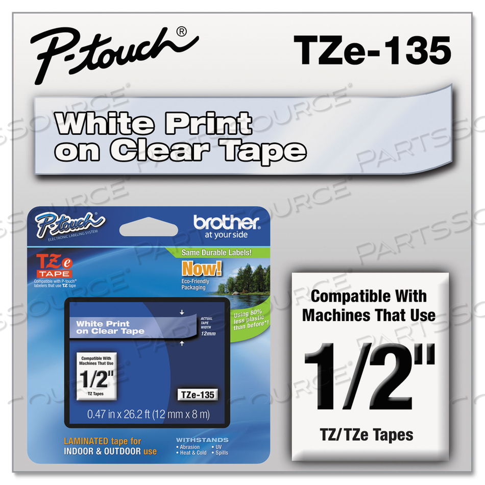 TZE STANDARD ADHESIVE LAMINATED LABELING TAPE, 0.47" X 26.2 FT, WHITE ON CLEAR by Brother
