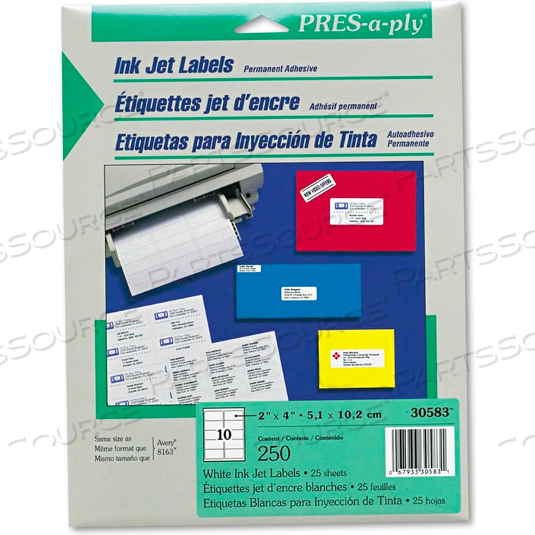 PRES-A-PLY INKJET ADDRESS LABELS, 2 X 4, WHITE, 250/PACK 