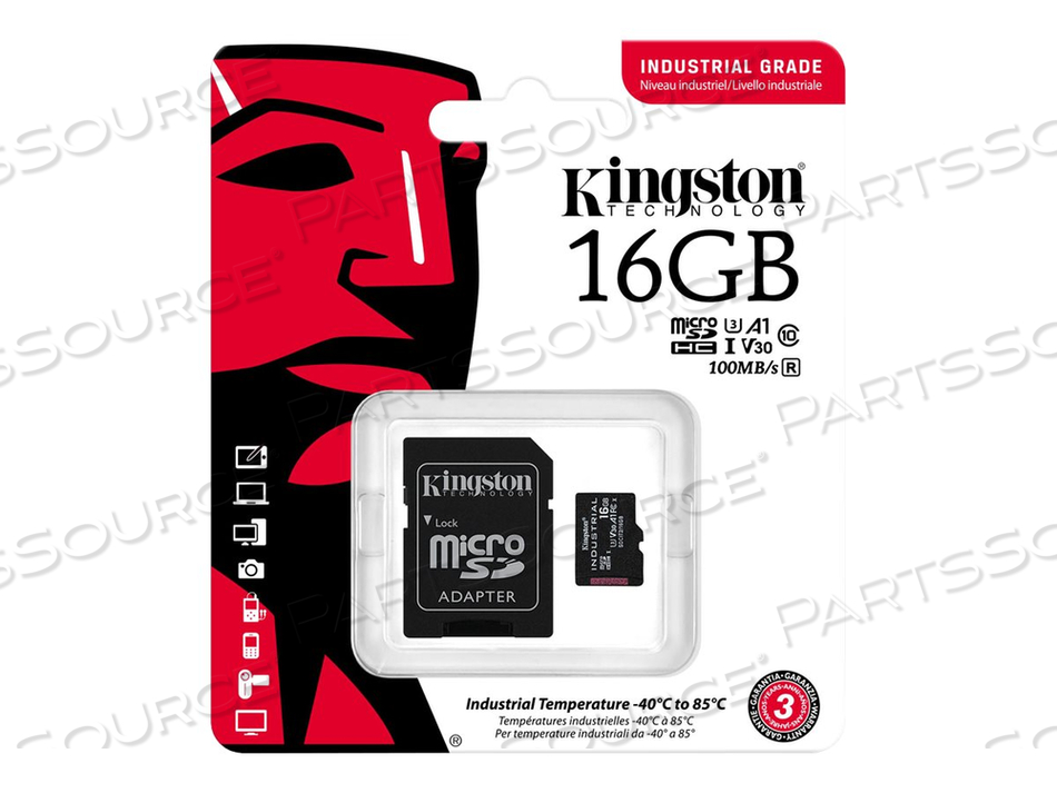INDUSTRIAL, FLASH MEMORY CARD (MICROSDHC TO SD ADAPTER INCLUDED), 16 GB, A1 / VIDEO CLASS V30 / UHS-I U3 / CLASS10, MICROSDHC UHS-I by Kingston Technology