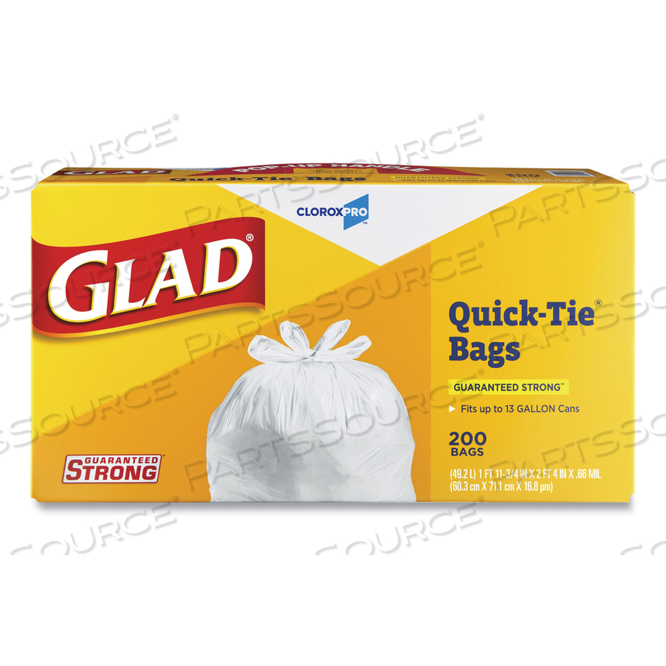 TALL KITCHEN QUICK-TIE BAGS, 13 GAL, 0.66 MIL, 23.75" X 28", WHITE by Glad TALL KITCHEN QUICK-TIE BAGS, 13 GAL, 0.66 MIL, 23.75" X 28", WHITE by Glad
