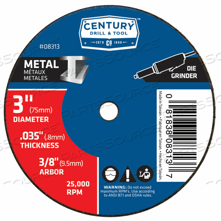 CUTTING WHEEL 3" X 3/8" ALUMINUM OXIDE by Century Drill And Tool