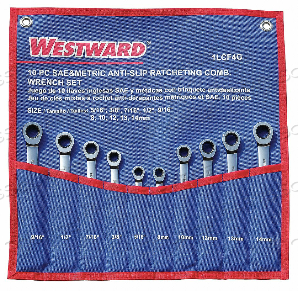COMBINATION WRENCH SET, ALLOY STEEL, FULL POLISH, NUMBER OF TOOLS 10, RANGE OF HEAD SIZES 5/16 IN TO 9/16 IN, 8 MM TO 14 MM, HEAD OFFSET ANG by Westward