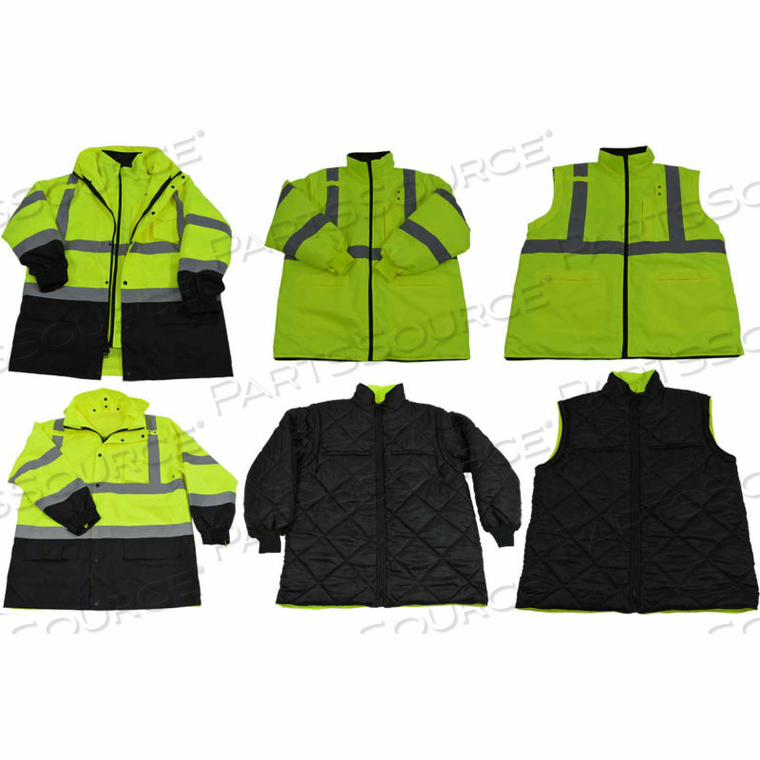 TWO TONE WATERPROOF 6-IN-1 PARKA JACKET, ANSI CLASS 3, LIME/BLACK, SIZE M 