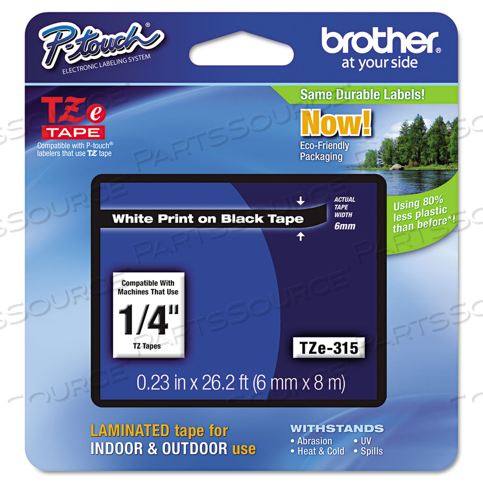 TZE STANDARD ADHESIVE LAMINATED LABELING TAPE, 0.23" X 26.2 FT, WHITE ON BLACK by Brother