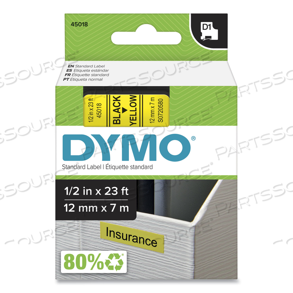 D1 HIGH-PERFORMANCE POLYESTER REMOVABLE LABEL TAPE, 0.5" X 23 FT, YELLOW by Dymo