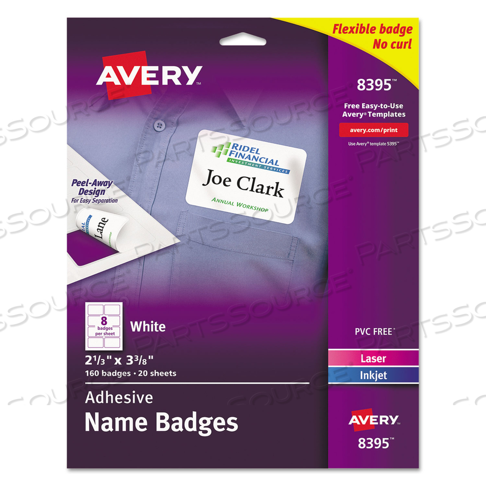 FLEXIBLE ADHESIVE NAME BADGE LABELS, 3.38 X 2.33, WHITE by Avery FLEXIBLE ADHESIVE NAME BADGE LABELS, 3.38 X 2.33, WHITE by Avery