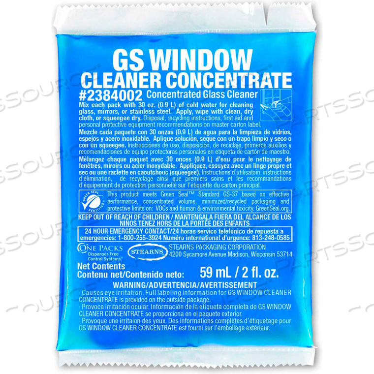GS WINDOW CLEANER CONCENTRATE - 2 OZ PACKS, 48 PACKS/CASE by Stearns Packaging Corporation GS WINDOW CLEANER CONCENTRATE - 2 OZ PACKS, 48 PACKS/CASE by Stearns Packaging Corporation