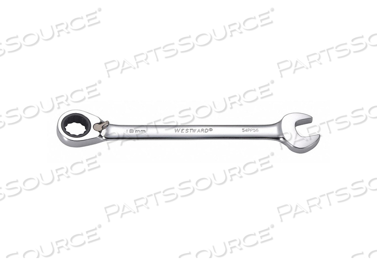 RATCHETING WRENCH, ALLOY STEEL, CHROME, HEAD SIZE 18 MM, OVERALL LENGTH 9 1/4 IN, HEAD OFFSET ANGLE 15 DEGREES , OFFSET, HEAD THICKNESS 7/16 by Westward