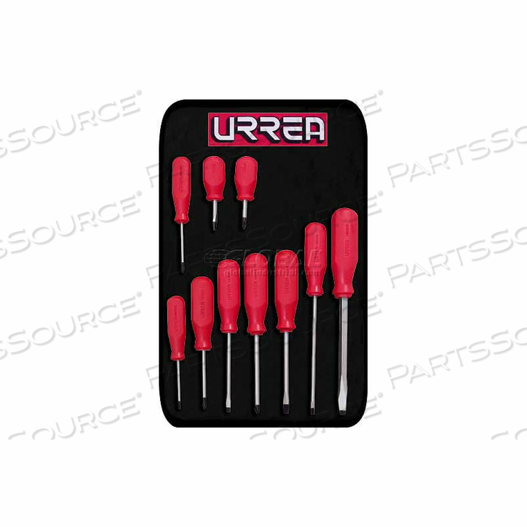 RED HANDLED SCREWDRIVER SET, FLAT, CABINET & PHILLIPS TIP, 10 PIECES by Urrea Professional Tools