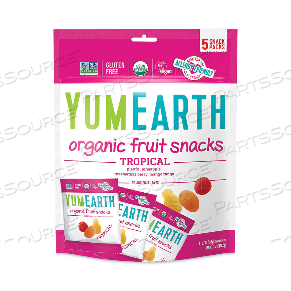 ORGANIC TROPICAL FRUIT SNACKS, ASSORTED FLAVORS, 5 EACH 0.7 OZ SNACK PACKS/BAG, 4 BAGS/PACK 