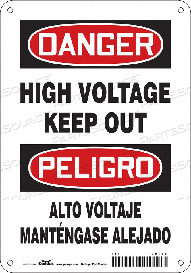 SAFETY SIGN, HORIZONTAL RECTANGLE, NUMBER OF PRINTED SIDES 1, ENGLISH, SPANISH, SIGN FORMAT TRADITIONAL OSHA, SIGN LEGEND HIGH VOLTAGE KEEP  by Condor