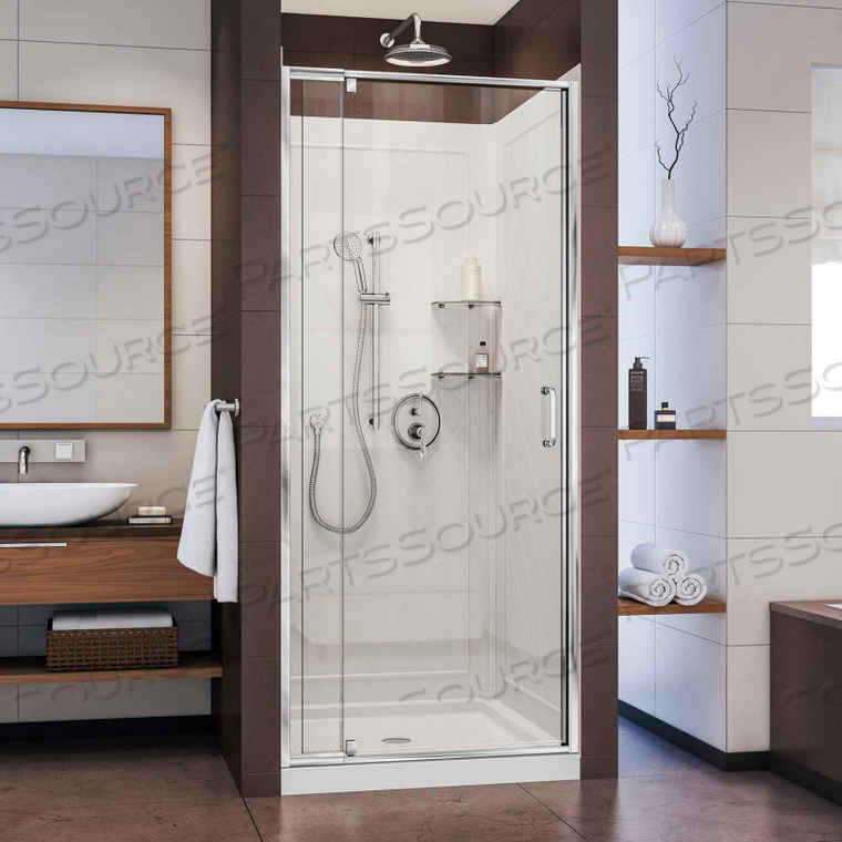 FLEX FRAMELESS SHOWER DOOR, BACKWALL & BASE KIT, CHROME, 32" X 32" X 76-3/4" 