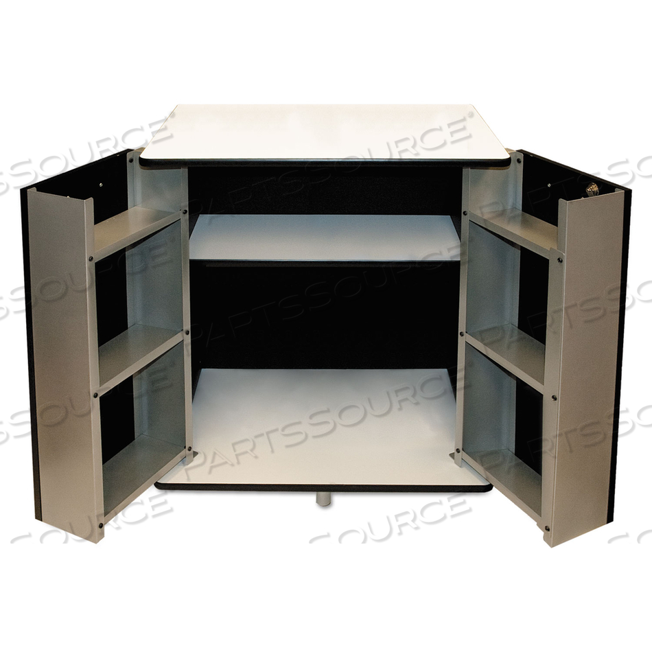 REFRESHMENT STAND, ENGINEERED WOOD, 9 SHELVES, 29.5" X 21" X 33", WHITE/BLACK by Vertiflex REFRESHMENT STAND, ENGINEERED WOOD, 9 SHELVES, 29.5" X 21" X 33", WHITE/BLACK by Vertiflex