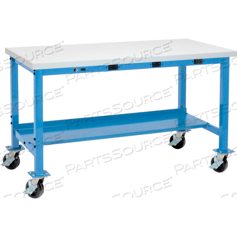 72 X 36 MOBILE PRODUCTION WORKBENCH - POWER APRON, LAMINATE SQUARE EDGE BLUE 